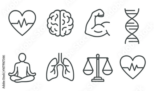 Health symbols: heart, brain, muscle, dna, meditation, lungs, balance