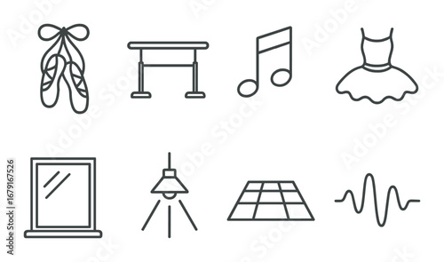 Dance icons: ballet shoes, barre, music note, dress, mirror, light, floor, sound wave