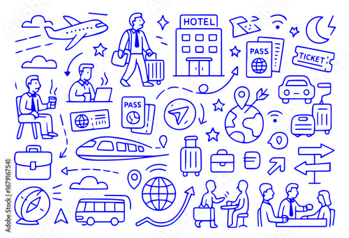 Hand-drawn doodle style vector set of business travel and mobility elements, sketch outline icons, Editable Formats: AI, EPS, JPG, PNG, Ideal for Both Digital and Print Use
