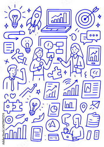 Hand-drawn doodle style vector set of innovation and startup pitch deck elements, creative business icons in sketch outline style, Editable Formats: AI, EPS, JPG, PNG, Ideal for Both Digital and Print