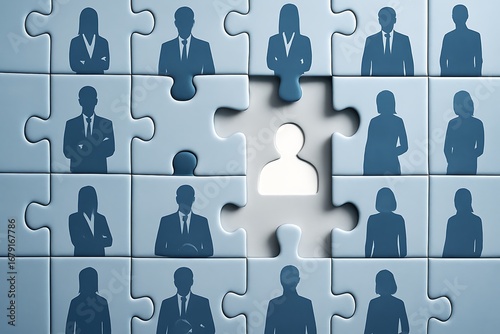 Concept of finding the right person for a job vacancy, symbolized by a missing piece in a puzzle of employee silhouettes.