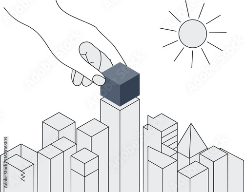 Hand placing a dark cube on a tall skyscraper in a stylized city skyline under a sun illustration
