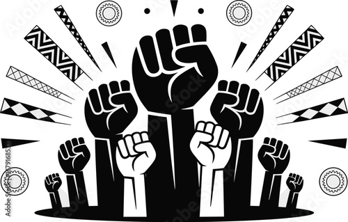 Powerful illustration of raised fists symbolizing unity strength and the fight for justice and equality