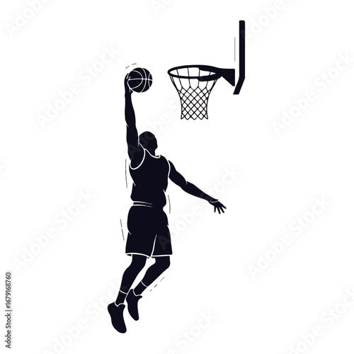 An isolated silhouette of a basketball player executing a powerful slam dunk into the hoop