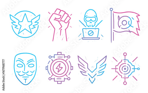 Neon cyberpunk icons featuring hackers and digital emblems in vibrant colors