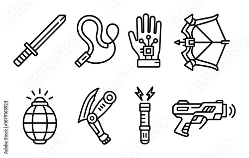 Collection of black and white weapon icons featuring sword, bow, grenade, and gun
