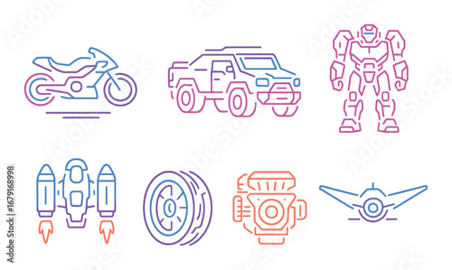 Neon outlined icons of motorcycle, truck, robot, jetpack, wheel, engine, and wing