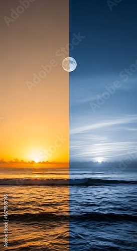 Day and Night Ocean Split: Conceptual View of Sunrise and Moonlight with Waves