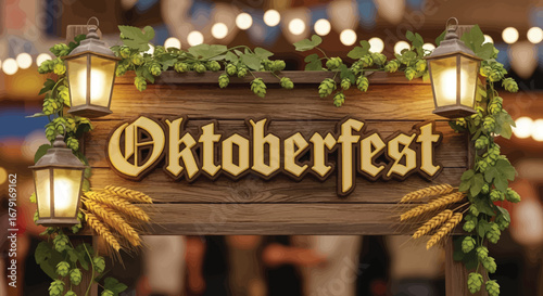 Wooden sign for Oktoberfest with lanterns and hop plants.