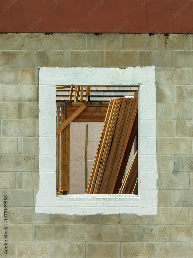 Φωτογραφία Detail of exterior concrete wall of house under construction, with framed (windo