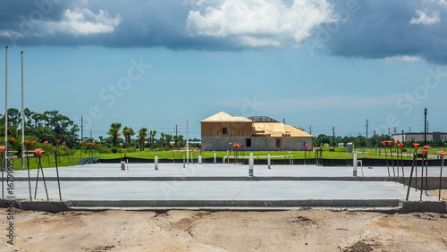 Slab foundation with utility connections for a new single-family house and attached garage, with another large house under construction nearby, in a suburban residential development in Florida