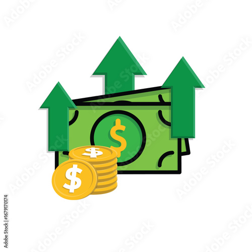 Money icon. increase. Stack of coins and banknotes with an upward arrow. paying, economy, financial. Isometric design style.