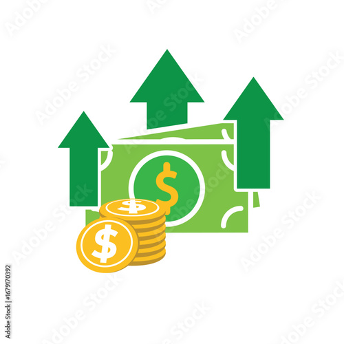 Money icon. increase. Stack of coins and banknotes with an upward arrow. paying, economy, financial. Flat design style.