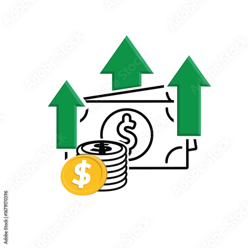 Money icon. increase. Stack of coins and banknotes with an upward arrow. paying, economy, financial. Mixed design style.