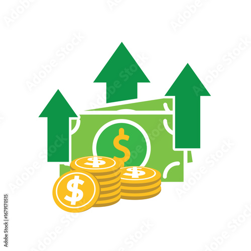 Money icon. Currency increase. Stack of coins and banknotes with three rising arrows. paying, economy, financial. Flat design style.