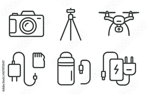 Essential photography and videography equipment icons: camera, tripod, drone, charger, memory card
