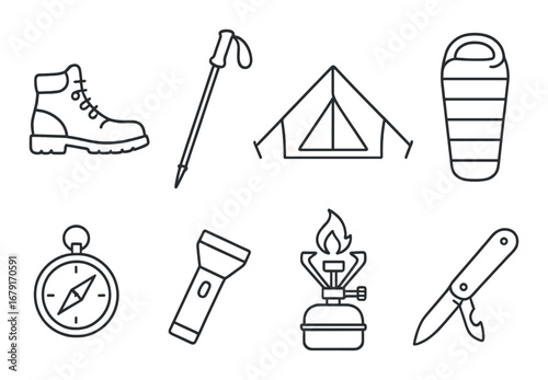 Essential camping gear icons: tent, sleeping bag, hiking boot, compass, flashlight, stove, knife, trekking pole