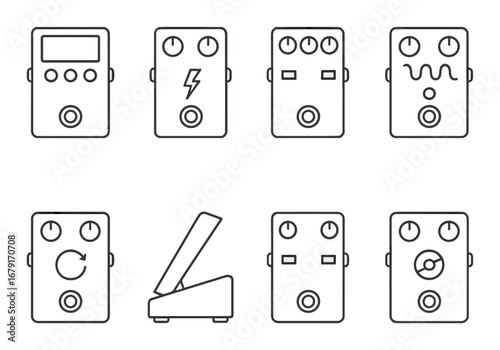 Variety of guitar effects pedals on metallic background