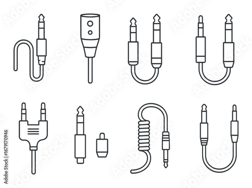 Various audio jacks and plugs on gradient background