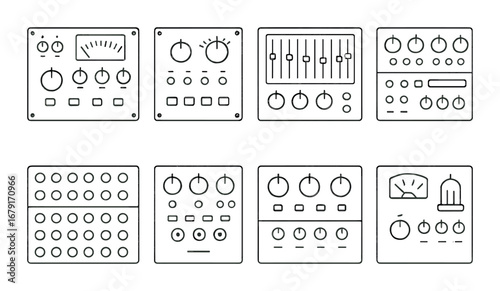 Vintage audio equipment control panels with dials and meters