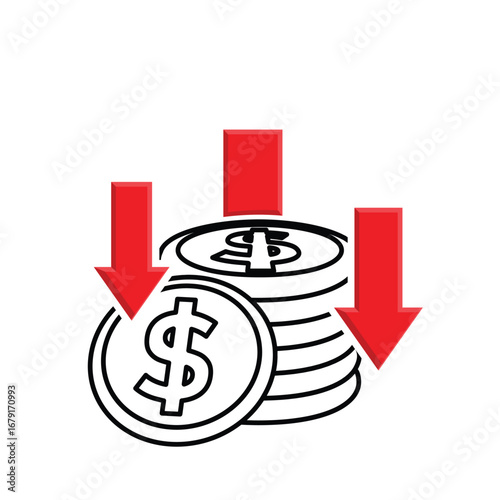 Money icon. Currency depreciation. Stack of coins and a down arrow. paying, economy, financial. Mixed design style.