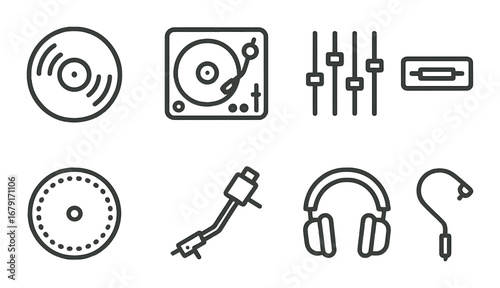 Vintage audio equipment icons with turntables, headphones, and mixers on brown background
