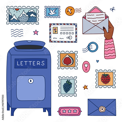 Lovely colored doodle postage office set with classical postbox, lady open envelope, airmail letter, postage mark, rubber stamps. Trendy hand drawn postal collection with outline isolated on white.