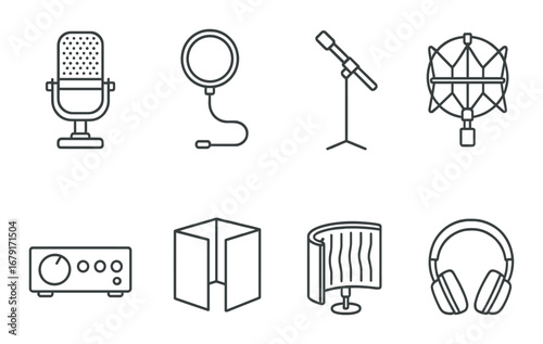 Collection of studio recording equipment icons on dark background