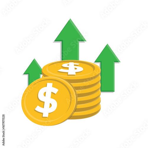 Money icon. Currency increase. Stack of coins with an upward arrow. paying, economy, financial. Isometric design style.
