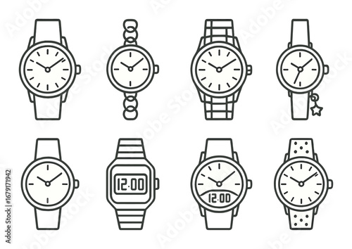Variety of stylish wristwatches on elegant brown background