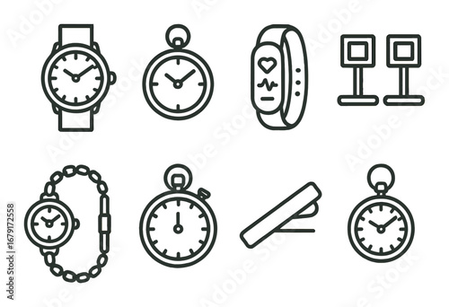 Outline icons of watches and jewelry on brown background