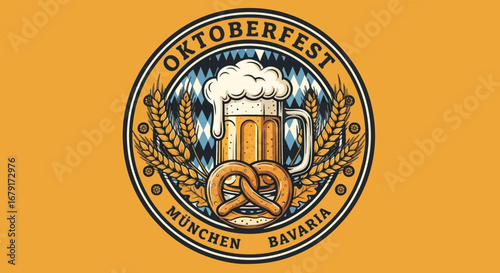 Oktoberfest logo featuring a beer stein with foam, pretzel, and wheat, set against a yellow background.