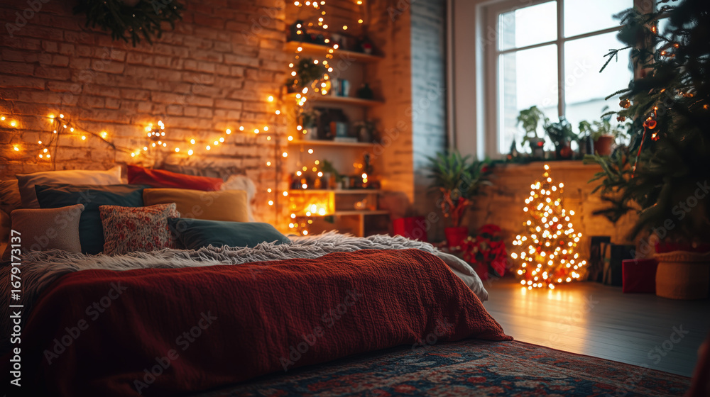 Obraz premium a small cozy studio apartment with Christmas lights and festive cushions
