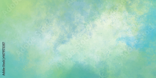 Vibrant abstract watercolor paint textures with a colorful and fiery orange, yellow, and red design on a vintage paper backdrop. Light green and white color background. Brush stroked painting. 