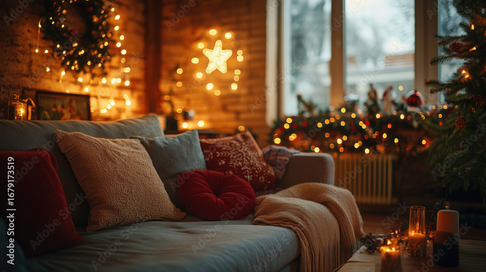 Obraz premium a small cozy studio apartment with Christmas lights and festive cushions