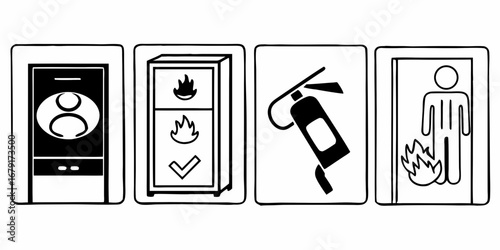 Illustration depicting a person in a doorway, fire safety cabinet, extinguisher, and person in fire hazard scenario