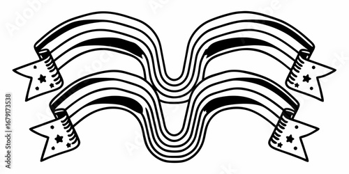 Illustration of two stacked banners with stripes and stars on the banner ends in black and white