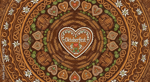 Oktoberfest themed mandala with gingerbread heart, pretzels, beer barrels, edelweiss and wheat.