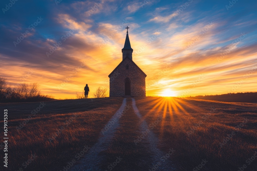 Obraz premium Silhouetted church at sunset, person standing on path, peaceful scene.