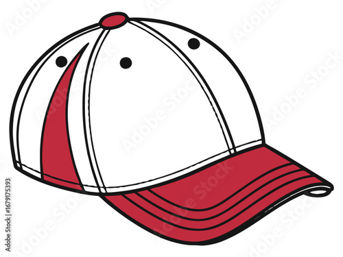 A white baseball cap with red side panels, a red brim with curved stitching lines, black ventilation holes, and a red top button.