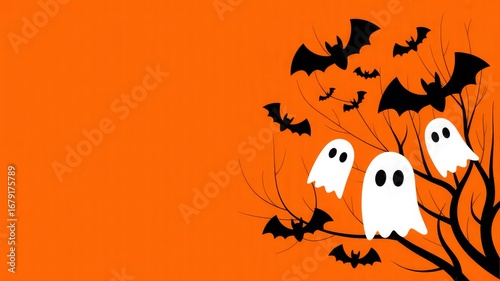 Whimsical Halloween scene with friendly ghosts and flying bats against an orange background. halloween background with ghost