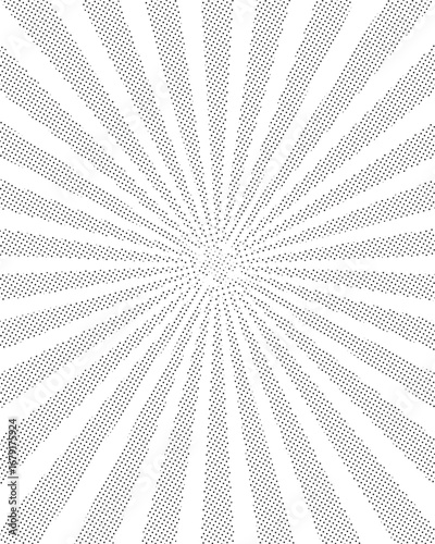 Abstract halftone sunburst background with radial lines, black dotted rays expanding from the center, retro comic style texture.