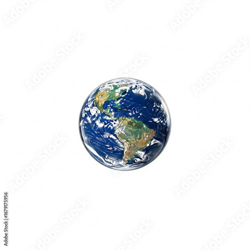 A perfectly spherical water droplet suspended in zero gravity, showing the entire Earth reflected within it, on a pure white background, no shadows, 4k.