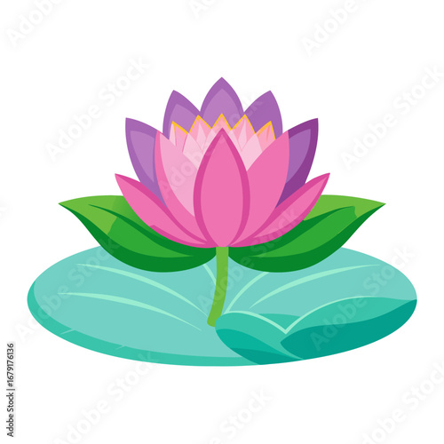 Discover serene beauty with this vibrant pink and purple lotus flower blooming gracefully on lush green lily pads, evoking peace and natural elegance for your projects.