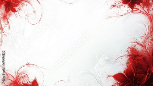 An elegant white background with decorative red floral and swirling ink patterns on the edges.

