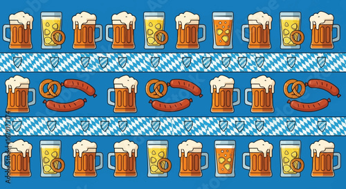 A festive pattern featuring mugs of frothy beer, pretzels, and sausages on a blue background with a traditional Bavarian checkered border.
