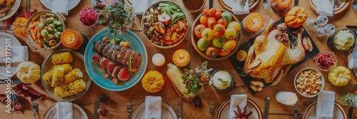 A festive Thanksgiving table with turkey, vegetables, and fruits. Thanksgiving feast with turkey, vegetables, and fresh fruits. Holiday meal with turkey and sides. Festive Thanksgiving dinner buffet.