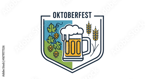 Colorful Oktoberfest festival emblem featuring a frothy beer mug, hops, and wheat stalks within a decorative shield.
