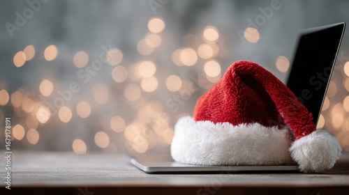 Santa hat on laptop for holiday e-commerce and online shopping concept
