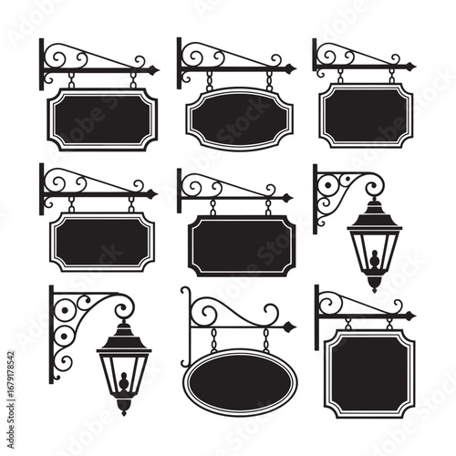 Collection of nine black wrought iron hanging signs and lanterns on white background street lamp